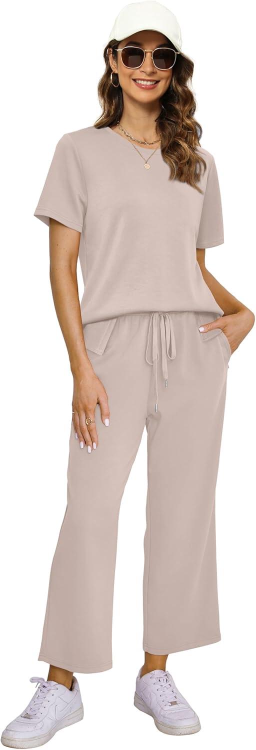imageXIEERDUO Womens 2 Piece Lounge Set Fashion Travel Outfits Vacation Tracksuit Comfy Wide Leg Airport Loungewear S3XLApricot