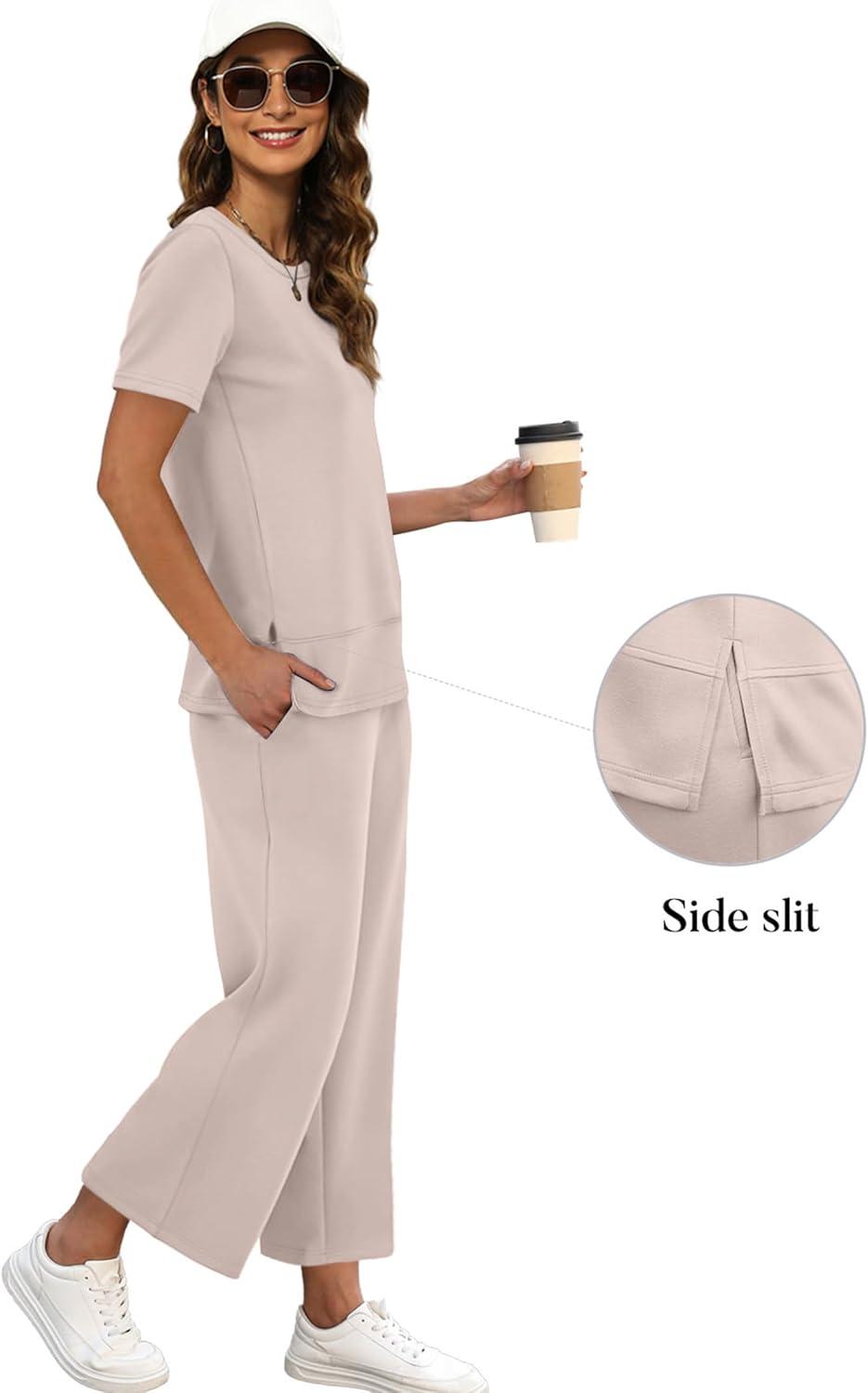 imageXIEERDUO Womens 2 Piece Lounge Set Fashion Travel Outfits Vacation Tracksuit Comfy Wide Leg Airport Loungewear S3XLApricot