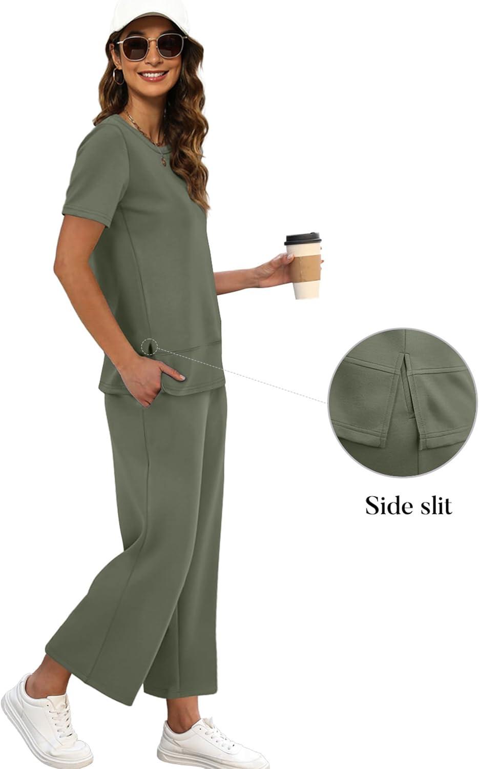 imageXIEERDUO Womens 2 Piece Lounge Set Fashion Travel Outfits Vacation Tracksuit Comfy Wide Leg Airport Loungewear S3XLArmy Green