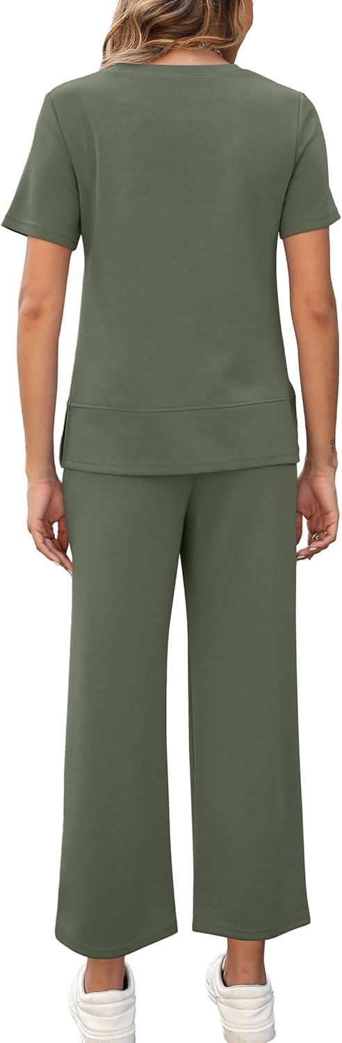 imageXIEERDUO Womens 2 Piece Lounge Set Fashion Travel Outfits Vacation Tracksuit Comfy Wide Leg Airport Loungewear S3XLArmy Green