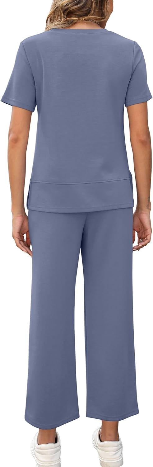 imageXIEERDUO Womens 2 Piece Lounge Set Fashion Travel Outfits Vacation Tracksuit Comfy Wide Leg Airport Loungewear S3XLBlue
