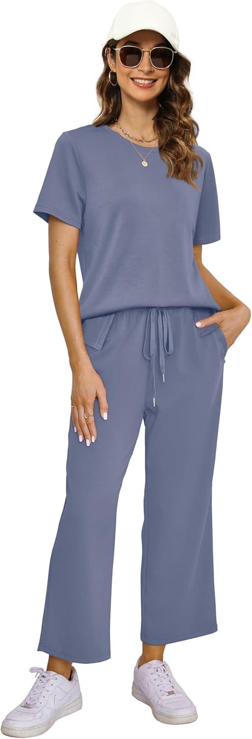 imageXIEERDUO Womens 2 Piece Lounge Set Fashion Travel Outfits Vacation Tracksuit Comfy Wide Leg Airport Loungewear S3XLBlue