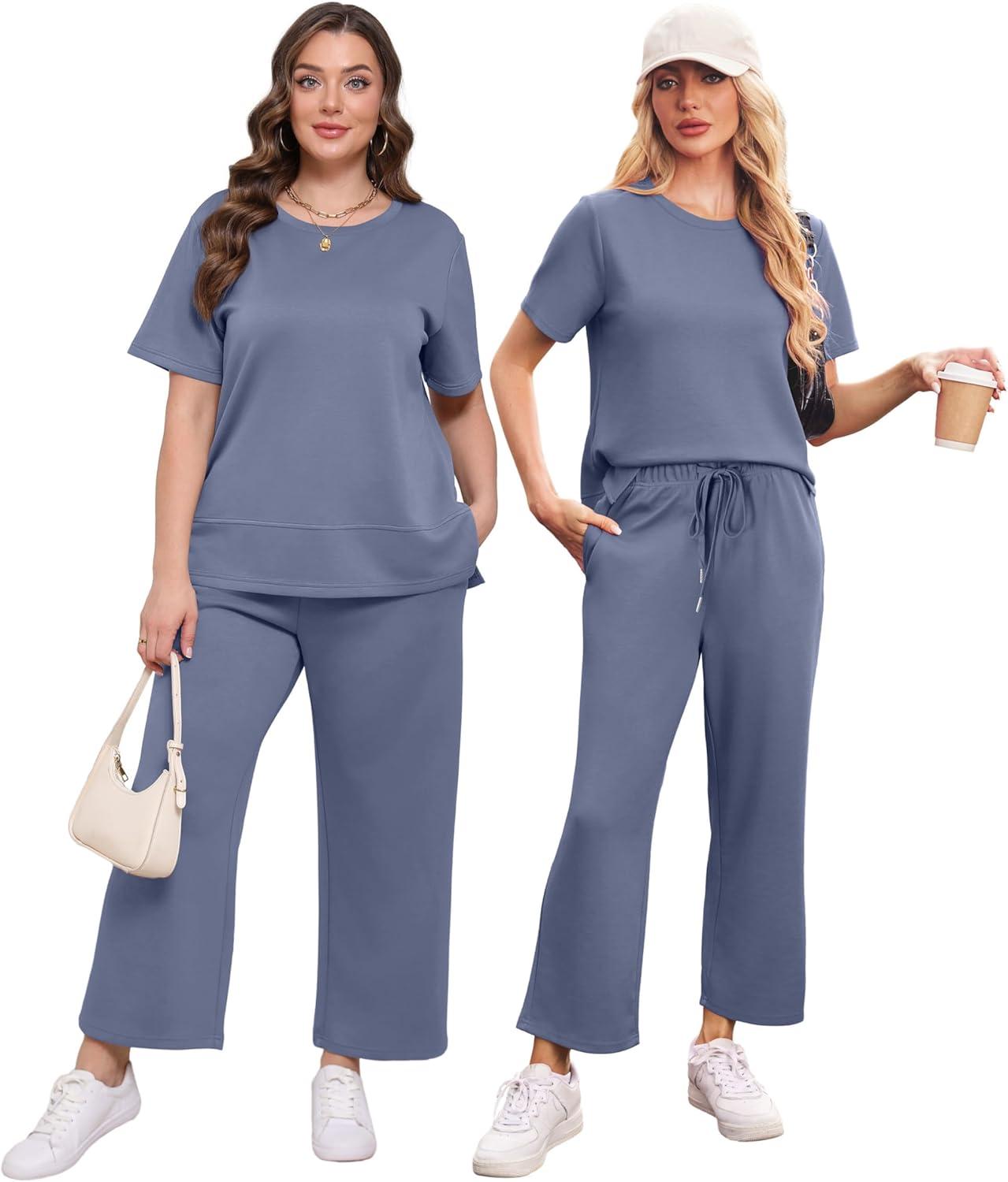 imageXIEERDUO Womens 2 Piece Lounge Set Fashion Travel Outfits Vacation Tracksuit Comfy Wide Leg Airport Loungewear S3XLBlue
