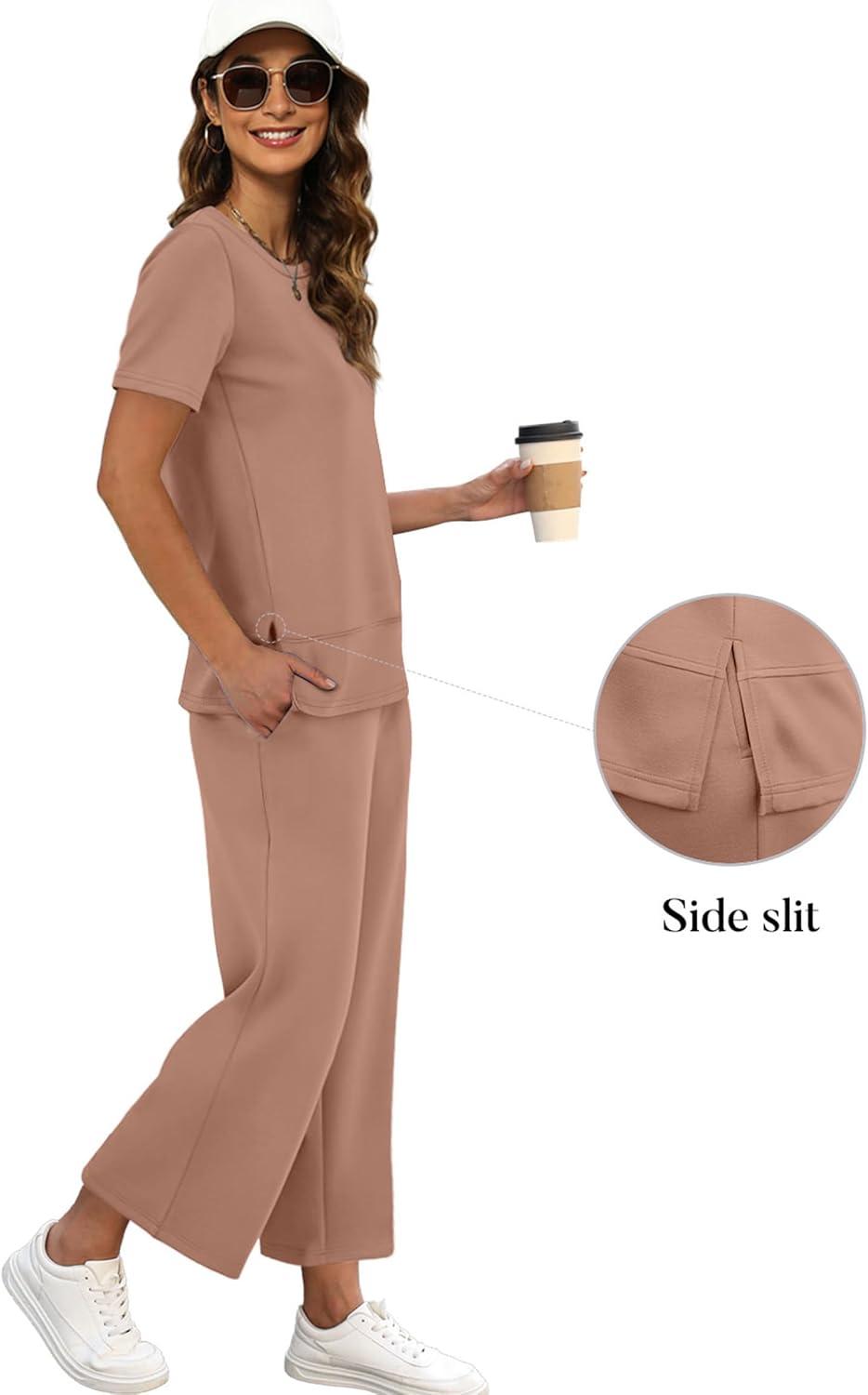 imageXIEERDUO Womens 2 Piece Lounge Set Fashion Travel Outfits Vacation Tracksuit Comfy Wide Leg Airport Loungewear S3XLBrown
