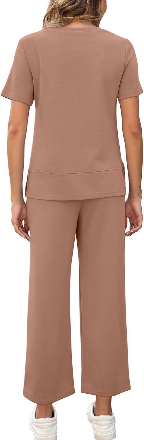 imageXIEERDUO Womens 2 Piece Lounge Set Fashion Travel Outfits Vacation Tracksuit Comfy Wide Leg Airport Loungewear S3XLBrown