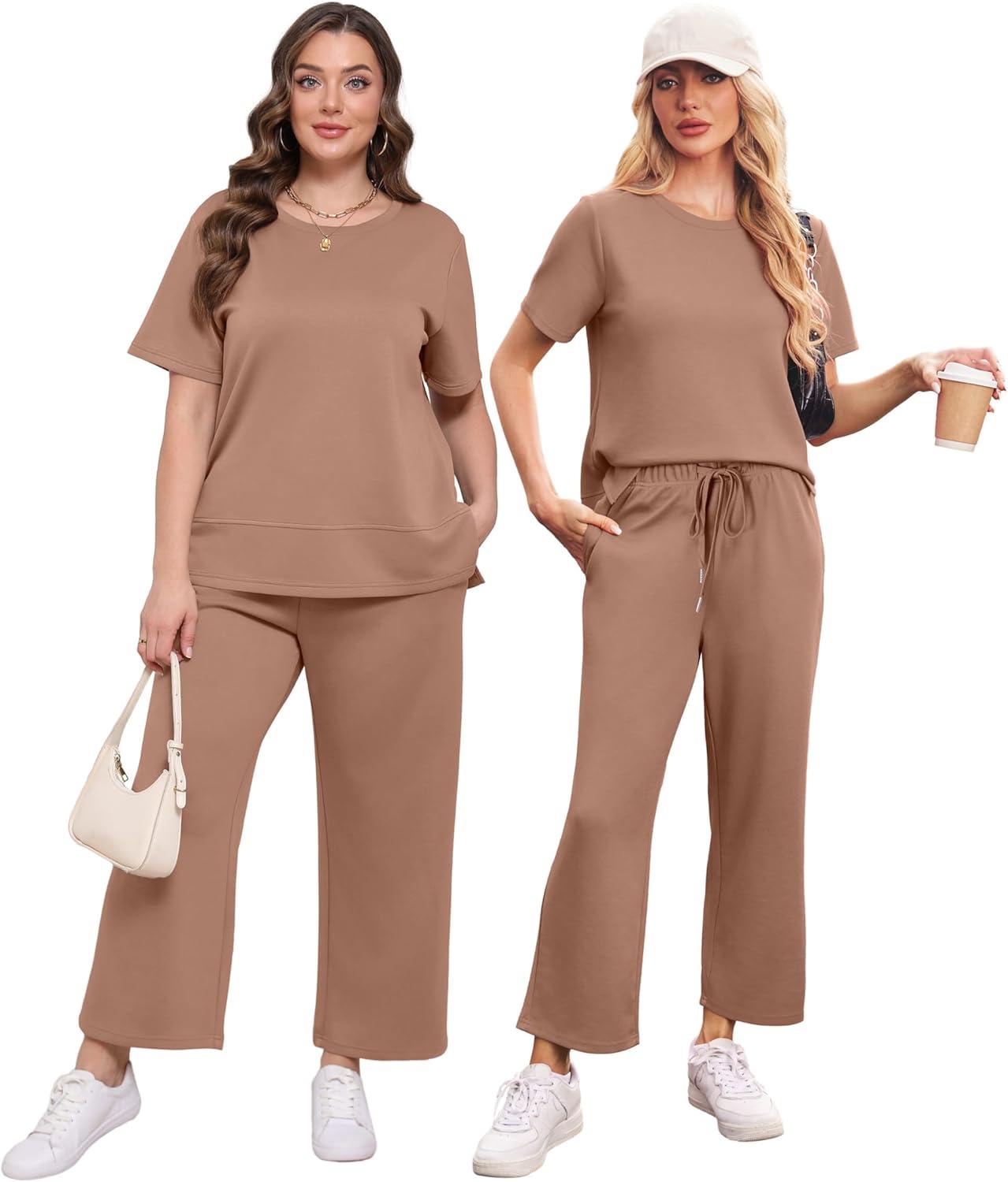 imageXIEERDUO Womens 2 Piece Lounge Set Fashion Travel Outfits Vacation Tracksuit Comfy Wide Leg Airport Loungewear S3XLBrown