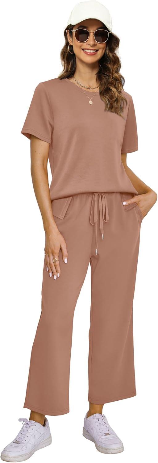 imageXIEERDUO Womens 2 Piece Lounge Set Fashion Travel Outfits Vacation Tracksuit Comfy Wide Leg Airport Loungewear S3XLBrown