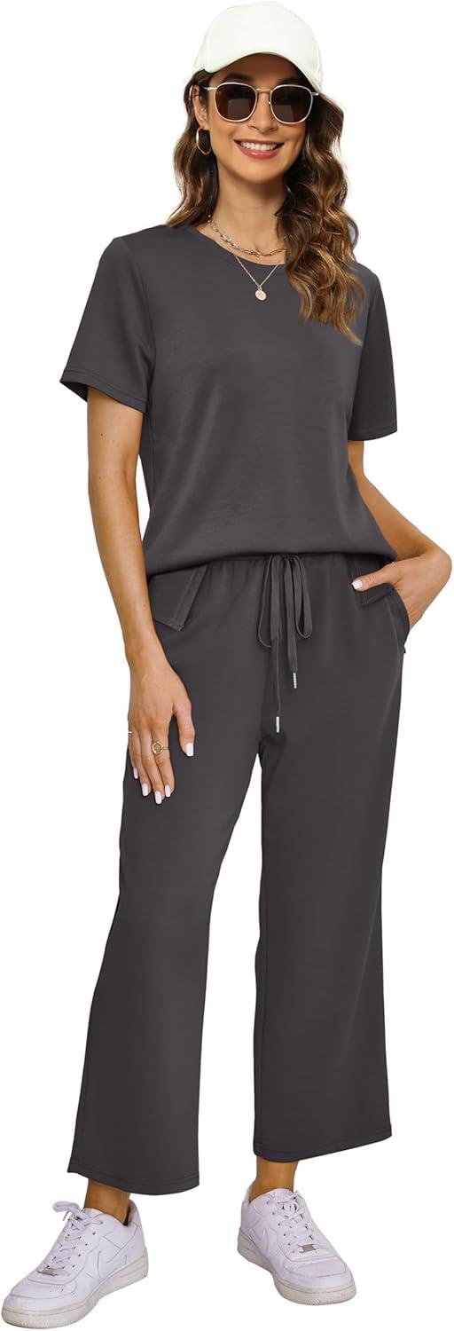 imageXIEERDUO Womens 2 Piece Lounge Set Fashion Travel Outfits Vacation Tracksuit Comfy Wide Leg Airport Loungewear S3XLDark Grey
