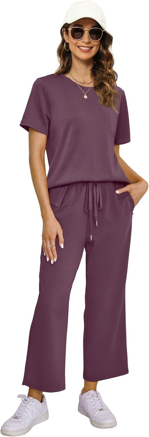 imageXIEERDUO Womens 2 Piece Lounge Set Fashion Travel Outfits Vacation Tracksuit Comfy Wide Leg Airport Loungewear S3XLDark Purple