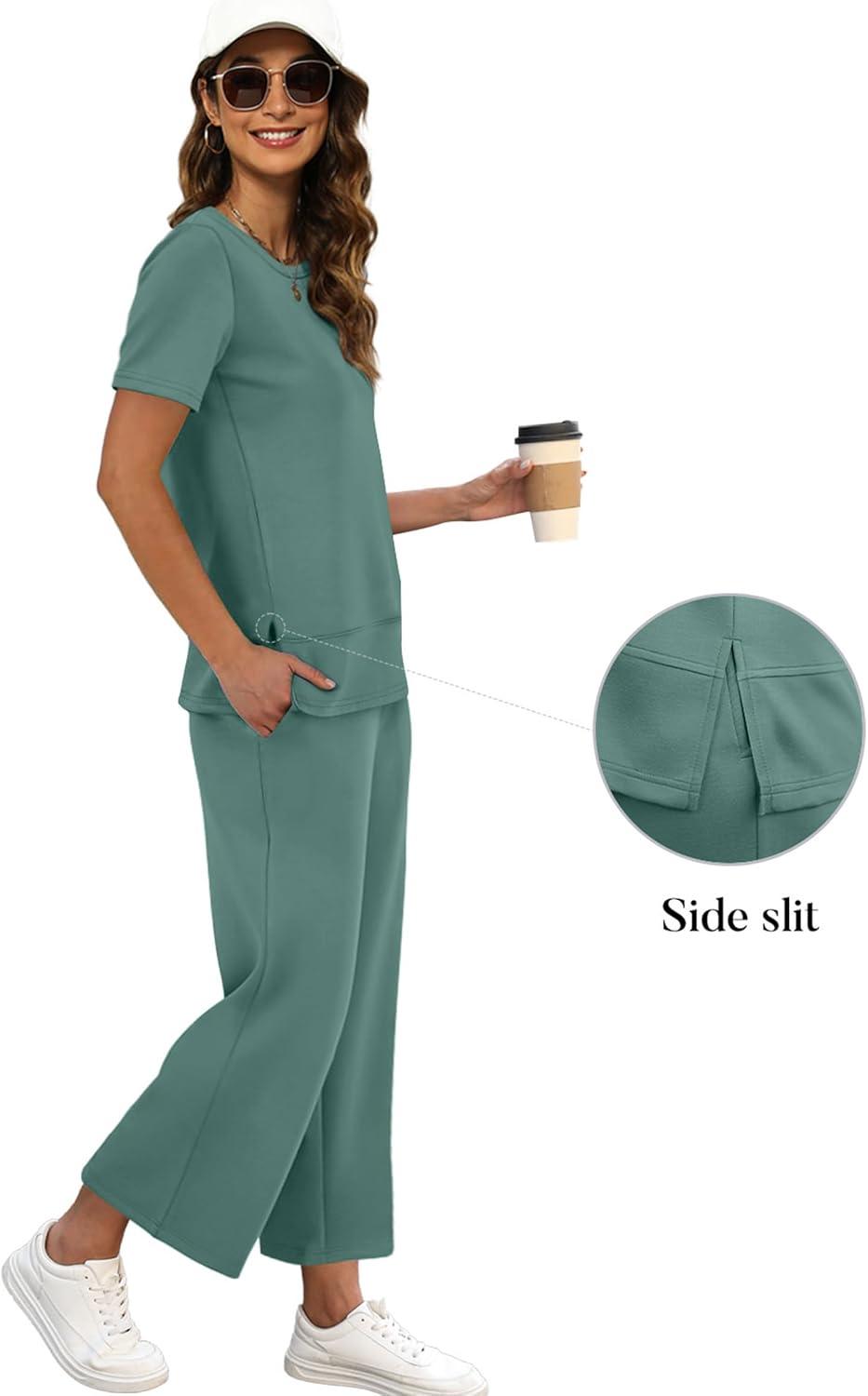 imageXIEERDUO Womens 2 Piece Lounge Set Fashion Travel Outfits Vacation Tracksuit Comfy Wide Leg Airport Loungewear S3XLDeep Green