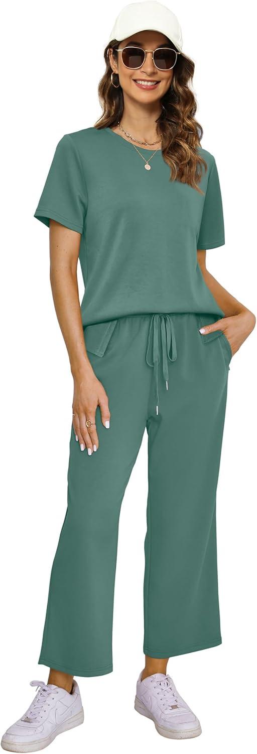 imageXIEERDUO Womens 2 Piece Lounge Set Fashion Travel Outfits Vacation Tracksuit Comfy Wide Leg Airport Loungewear S3XLDeep Green