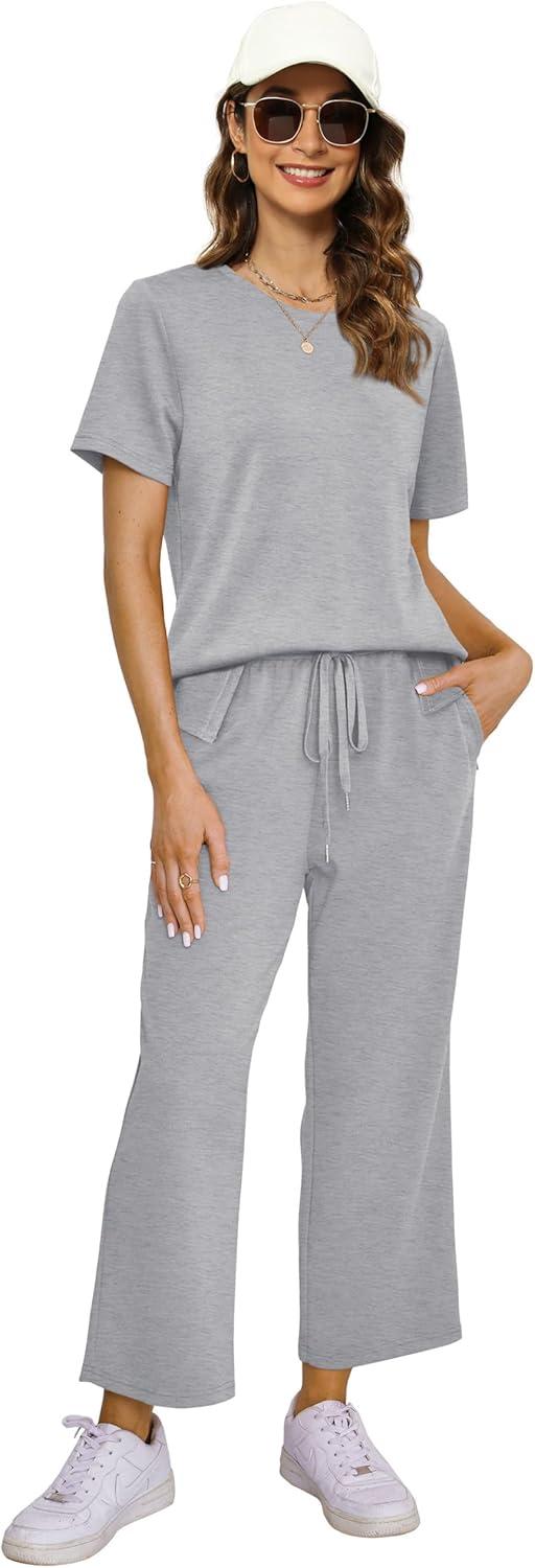 imageXIEERDUO Womens 2 Piece Lounge Set Fashion Travel Outfits Vacation Tracksuit Comfy Wide Leg Airport Loungewear S3XLGrey