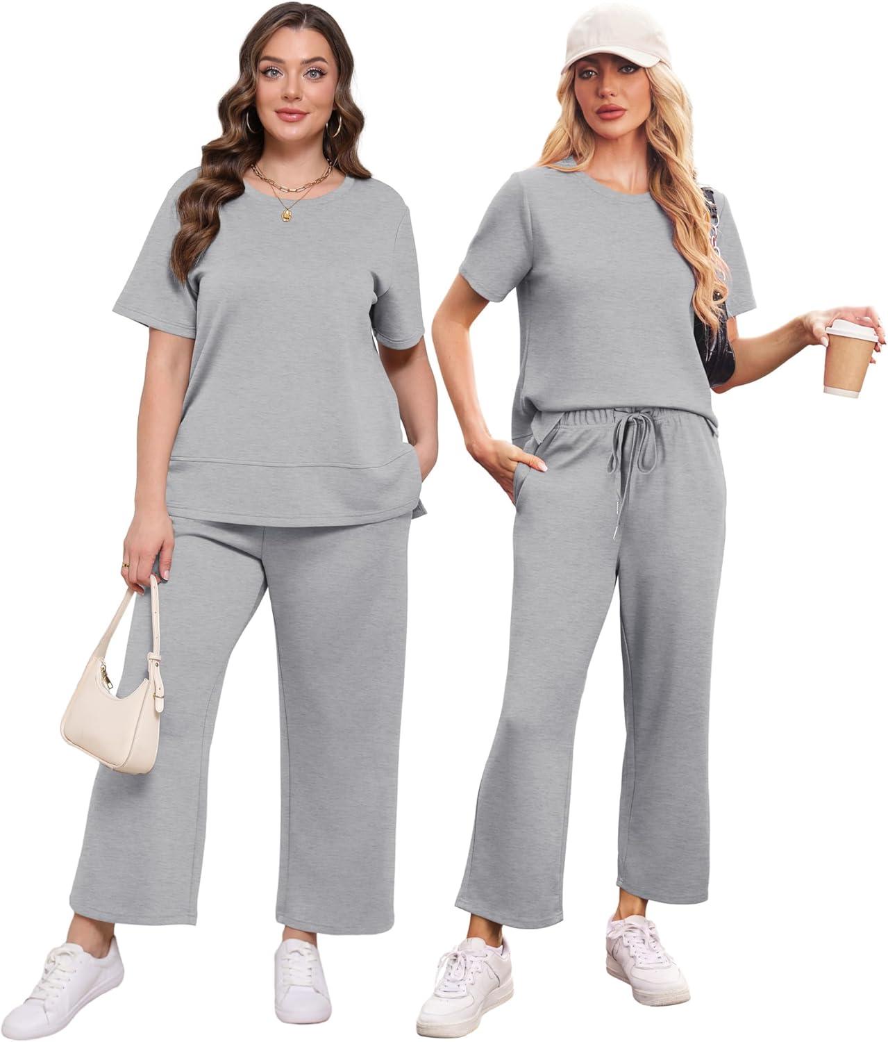 imageXIEERDUO Womens 2 Piece Lounge Set Fashion Travel Outfits Vacation Tracksuit Comfy Wide Leg Airport Loungewear S3XLGrey