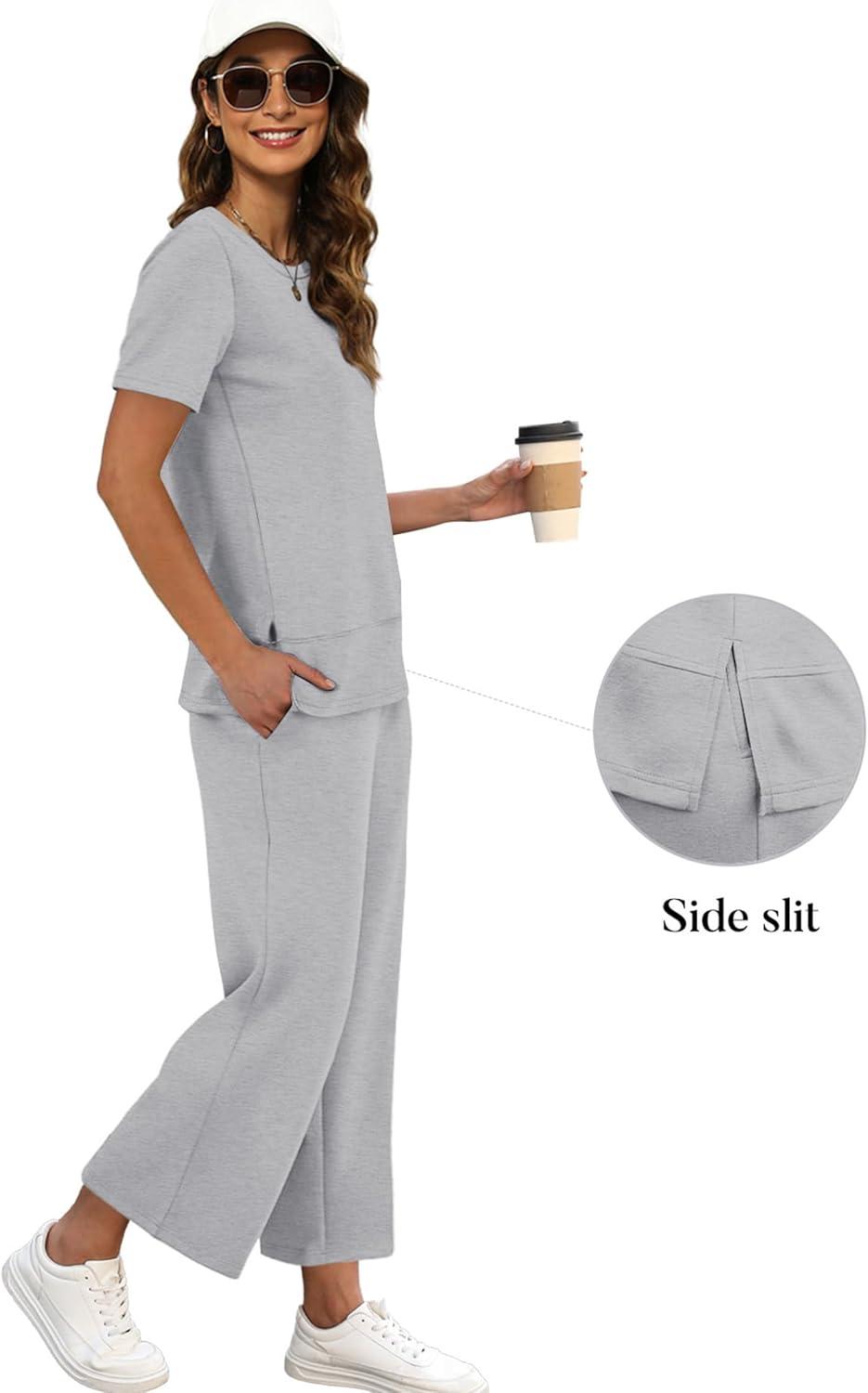 imageXIEERDUO Womens 2 Piece Lounge Set Fashion Travel Outfits Vacation Tracksuit Comfy Wide Leg Airport Loungewear S3XLGrey