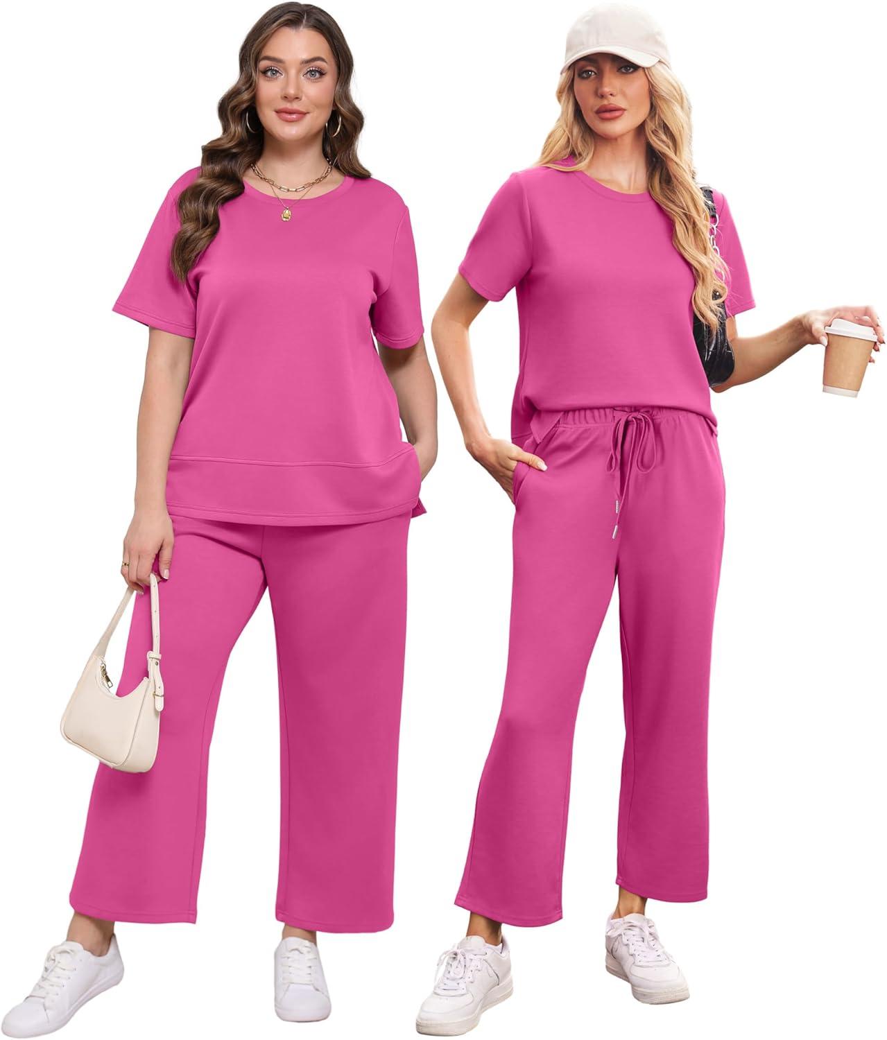 imageXIEERDUO Womens 2 Piece Lounge Set Fashion Travel Outfits Vacation Tracksuit Comfy Wide Leg Airport Loungewear S3XLHot Pink