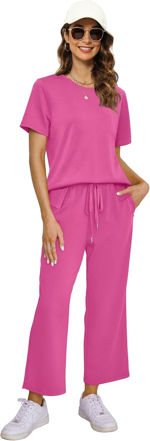 imageXIEERDUO Womens 2 Piece Lounge Set Fashion Travel Outfits Vacation Tracksuit Comfy Wide Leg Airport Loungewear S3XLHot Pink