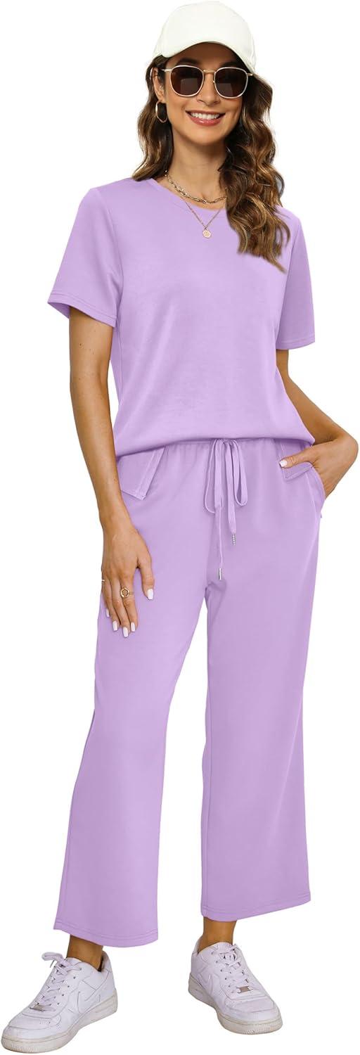 imageXIEERDUO Womens 2 Piece Lounge Set Fashion Travel Outfits Vacation Tracksuit Comfy Wide Leg Airport Loungewear S3XLLight Purple