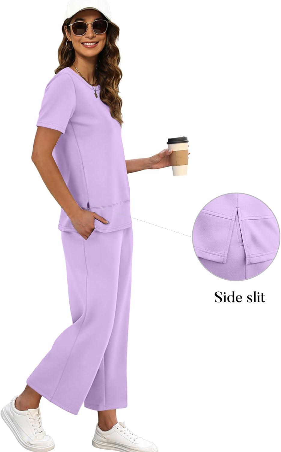 imageXIEERDUO Womens 2 Piece Lounge Set Fashion Travel Outfits Vacation Tracksuit Comfy Wide Leg Airport Loungewear S3XLLight Purple