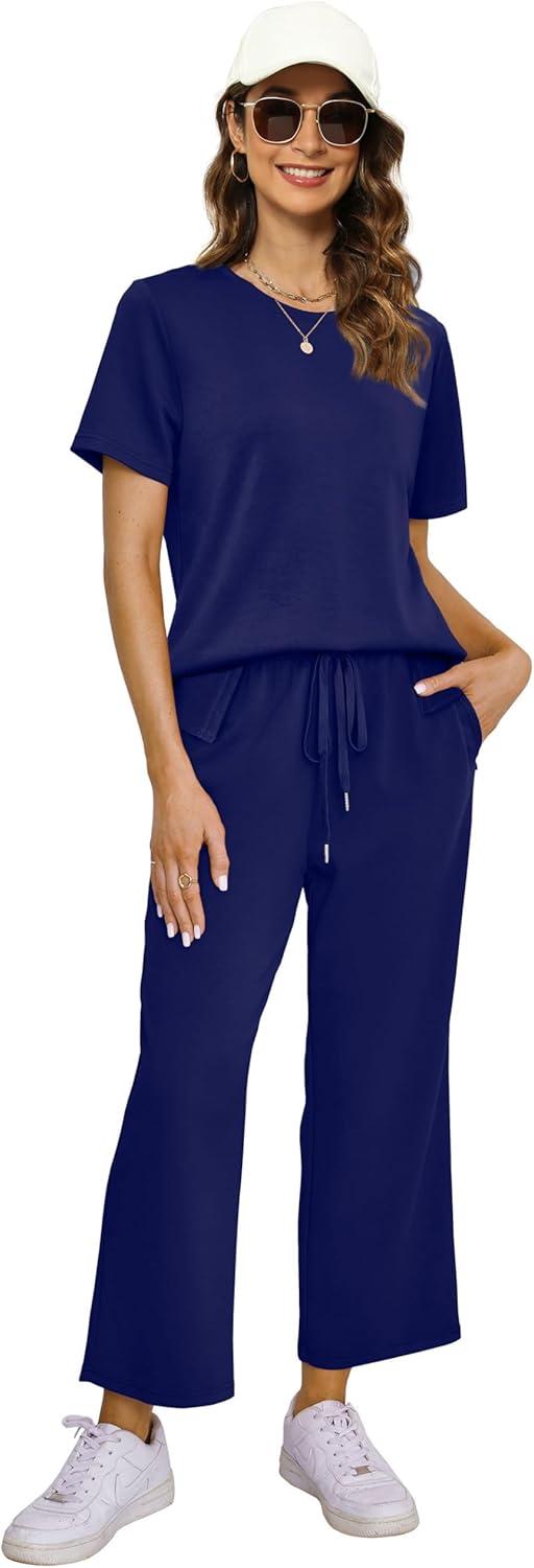 imageXIEERDUO Womens 2 Piece Lounge Set Fashion Travel Outfits Vacation Tracksuit Comfy Wide Leg Airport Loungewear S3XLNavy