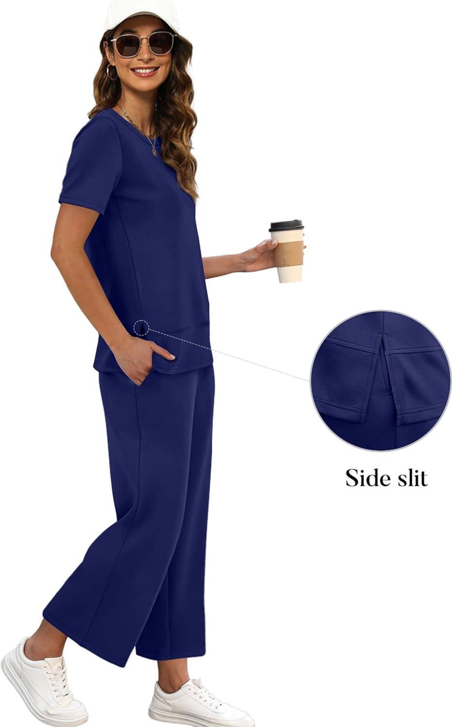 imageXIEERDUO Womens 2 Piece Lounge Set Fashion Travel Outfits Vacation Tracksuit Comfy Wide Leg Airport Loungewear S3XLNavy