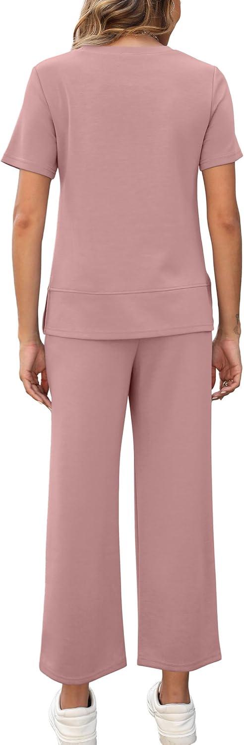 imageXIEERDUO Womens 2 Piece Lounge Set Fashion Travel Outfits Vacation Tracksuit Comfy Wide Leg Airport Loungewear S3XLPink