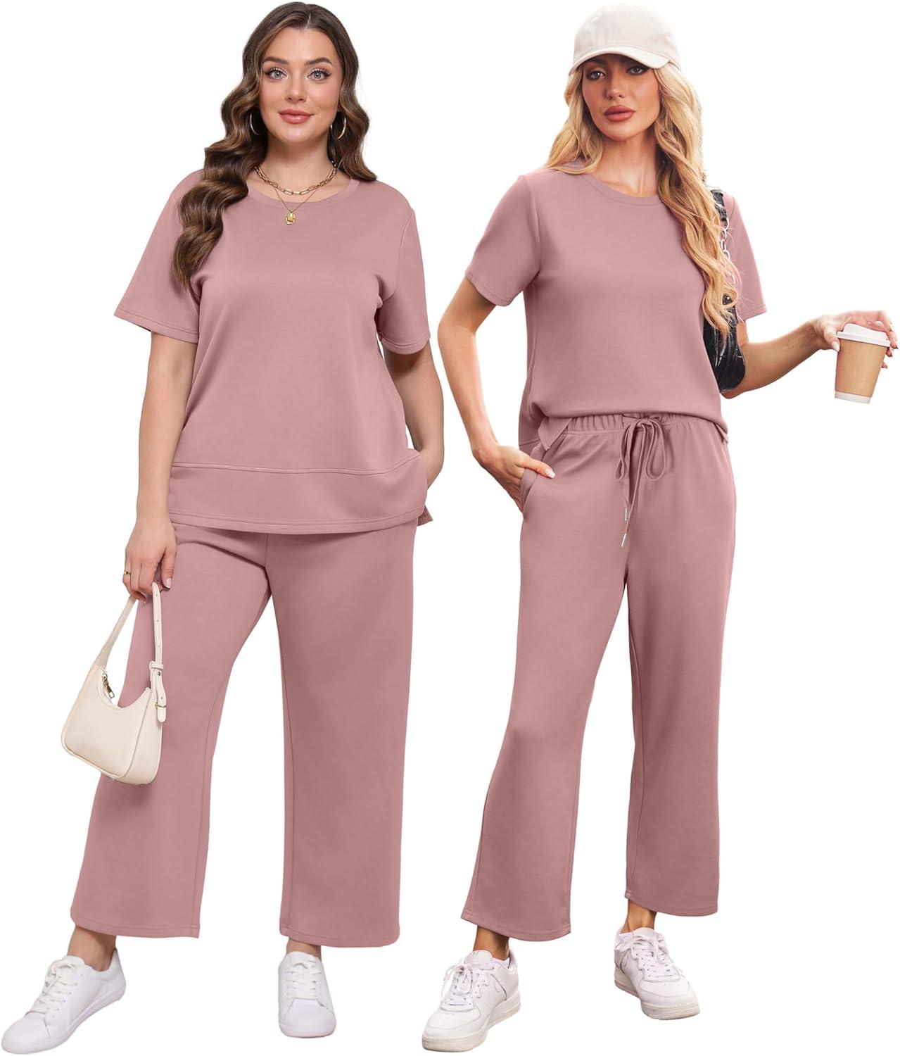 imageXIEERDUO Womens 2 Piece Lounge Set Fashion Travel Outfits Vacation Tracksuit Comfy Wide Leg Airport Loungewear S3XLPink