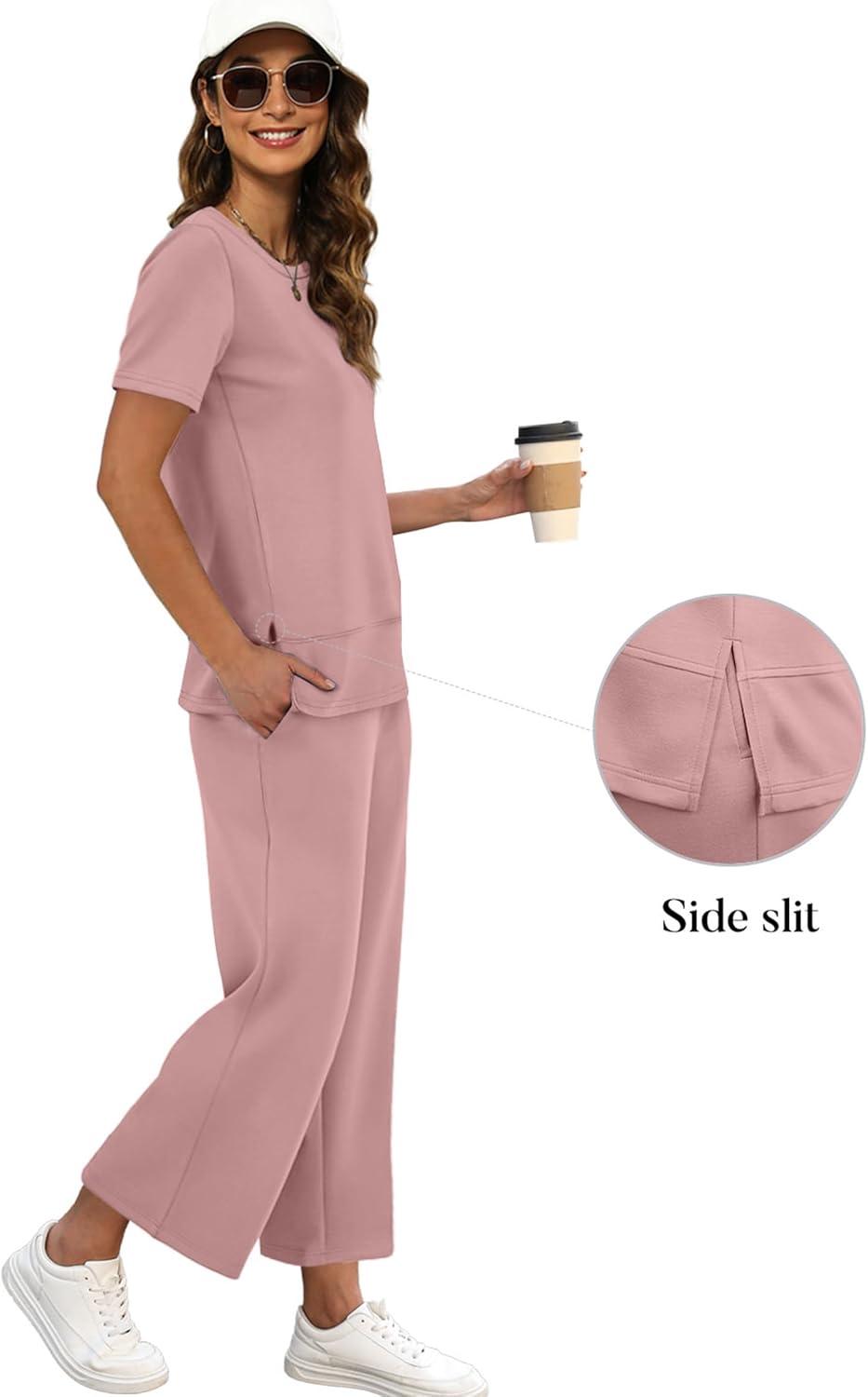 imageXIEERDUO Womens 2 Piece Lounge Set Fashion Travel Outfits Vacation Tracksuit Comfy Wide Leg Airport Loungewear S3XLPink