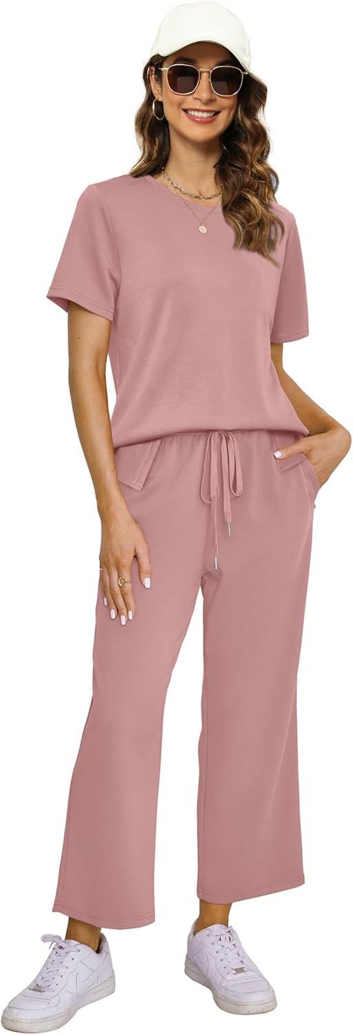 imageXIEERDUO Womens 2 Piece Lounge Set Fashion Travel Outfits Vacation Tracksuit Comfy Wide Leg Airport Loungewear S3XLPink
