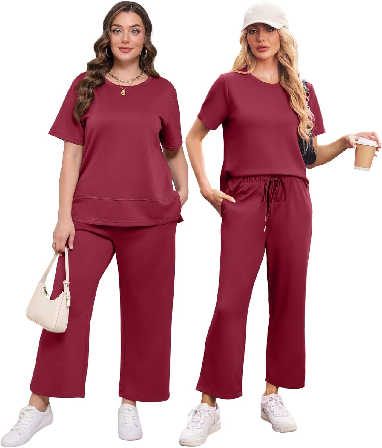 imageXIEERDUO Womens 2 Piece Lounge Set Fashion Travel Outfits Vacation Tracksuit Comfy Wide Leg Airport Loungewear S3XLRed