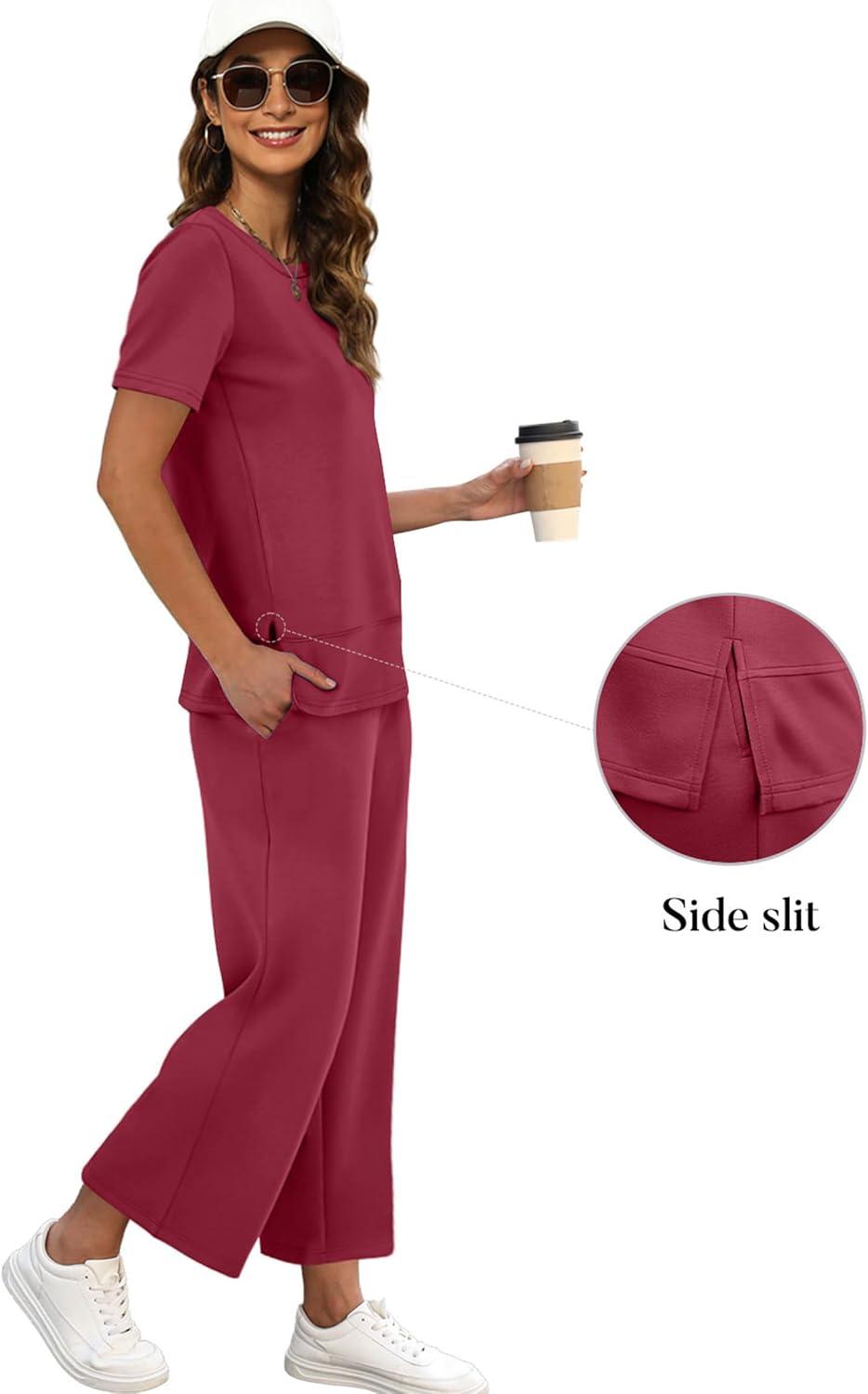 imageXIEERDUO Womens 2 Piece Lounge Set Fashion Travel Outfits Vacation Tracksuit Comfy Wide Leg Airport Loungewear S3XLRed