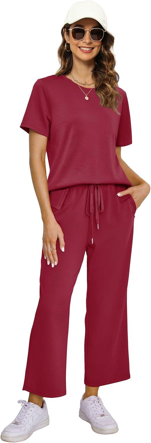 imageXIEERDUO Womens 2 Piece Lounge Set Fashion Travel Outfits Vacation Tracksuit Comfy Wide Leg Airport Loungewear S3XLRed