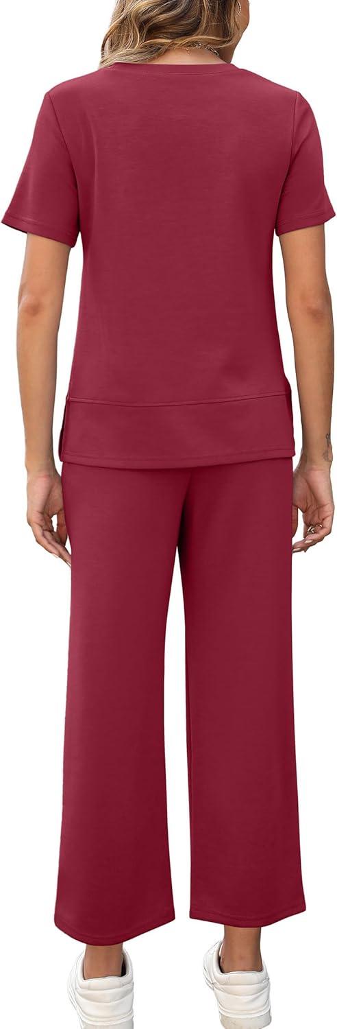 imageXIEERDUO Womens 2 Piece Lounge Set Fashion Travel Outfits Vacation Tracksuit Comfy Wide Leg Airport Loungewear S3XLRed