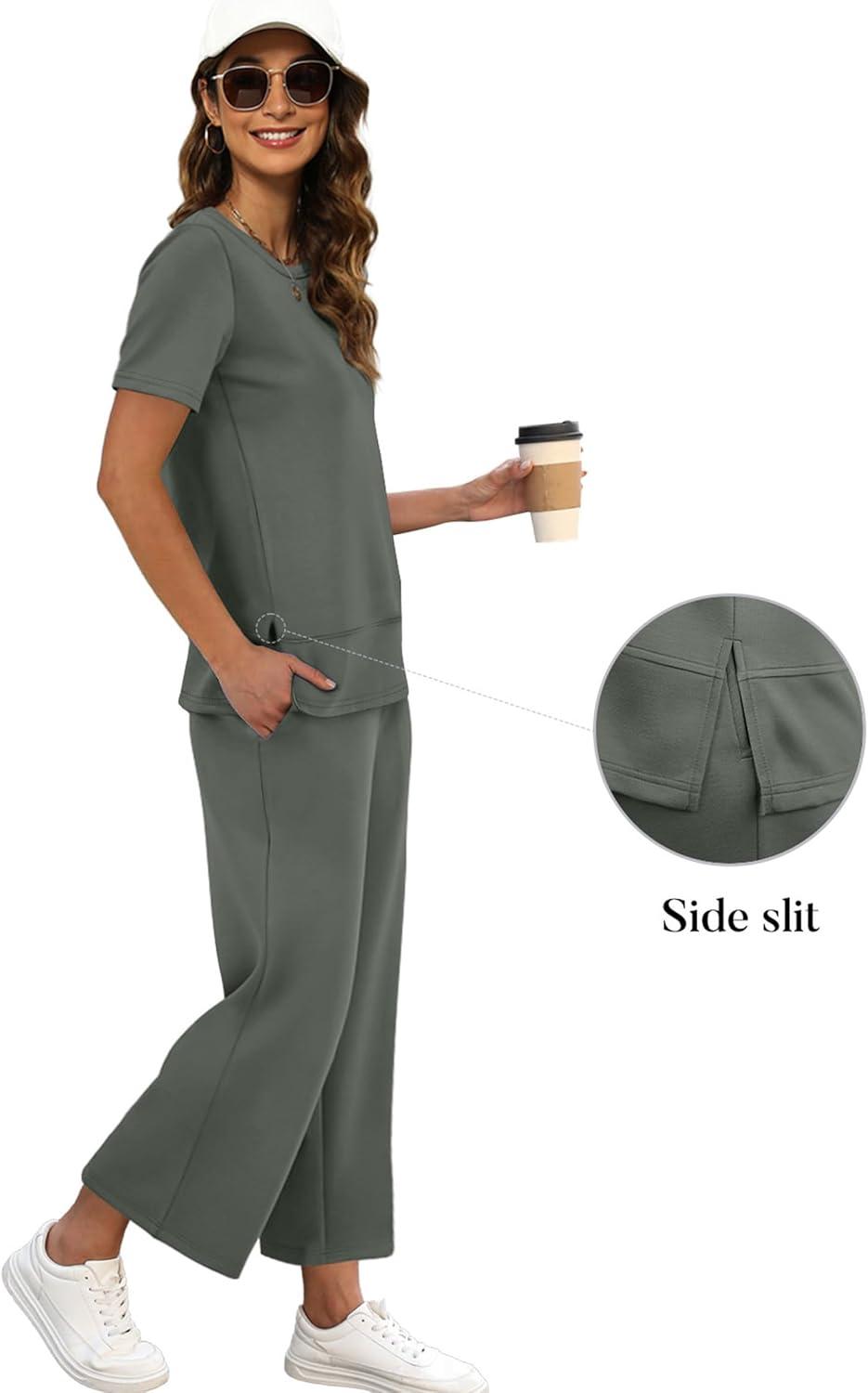 imageXIEERDUO Womens 2 Piece Lounge Set Fashion Travel Outfits Vacation Tracksuit Comfy Wide Leg Airport Loungewear S3XLRock Green