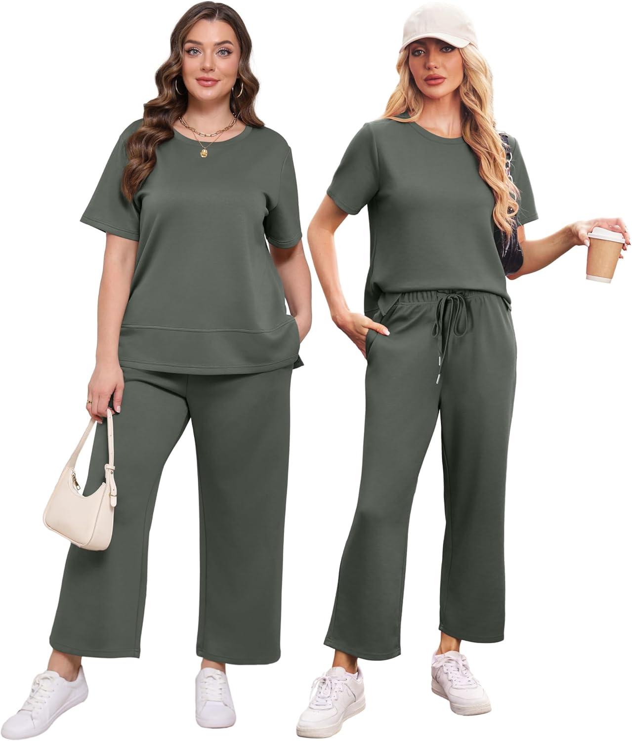 imageXIEERDUO Womens 2 Piece Lounge Set Fashion Travel Outfits Vacation Tracksuit Comfy Wide Leg Airport Loungewear S3XLRock Green