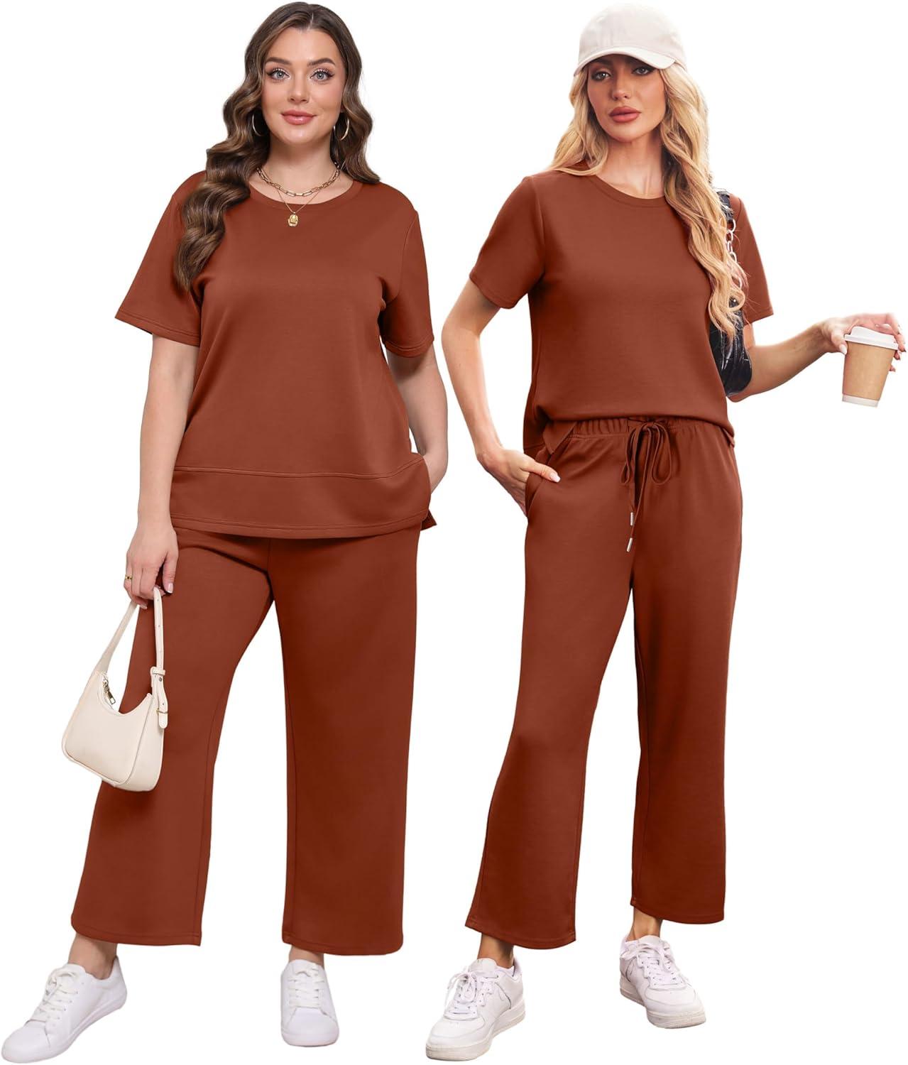 imageXIEERDUO Womens 2 Piece Lounge Set Fashion Travel Outfits Vacation Tracksuit Comfy Wide Leg Airport Loungewear S3XLRust