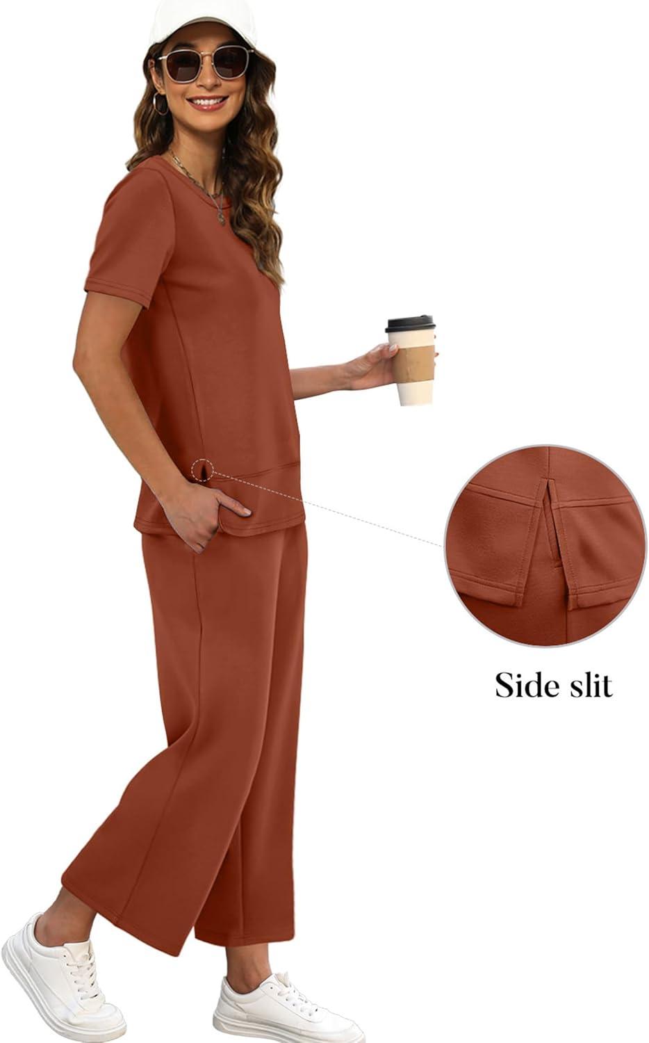 imageXIEERDUO Womens 2 Piece Lounge Set Fashion Travel Outfits Vacation Tracksuit Comfy Wide Leg Airport Loungewear S3XLRust