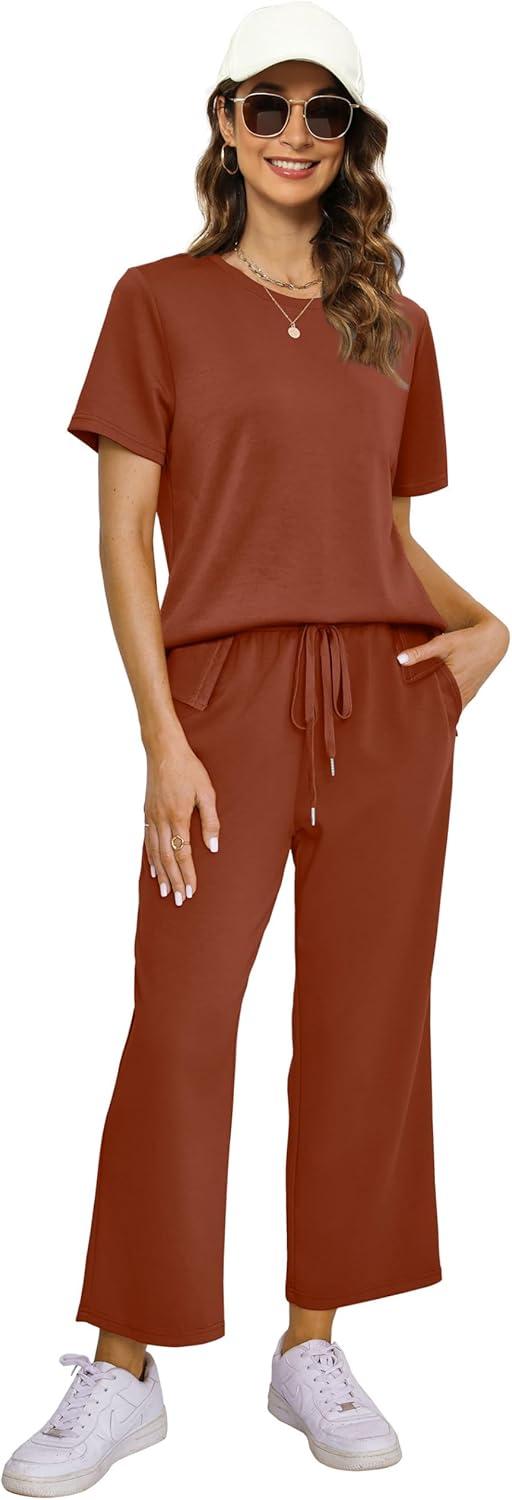 imageXIEERDUO Womens 2 Piece Lounge Set Fashion Travel Outfits Vacation Tracksuit Comfy Wide Leg Airport Loungewear S3XLRust