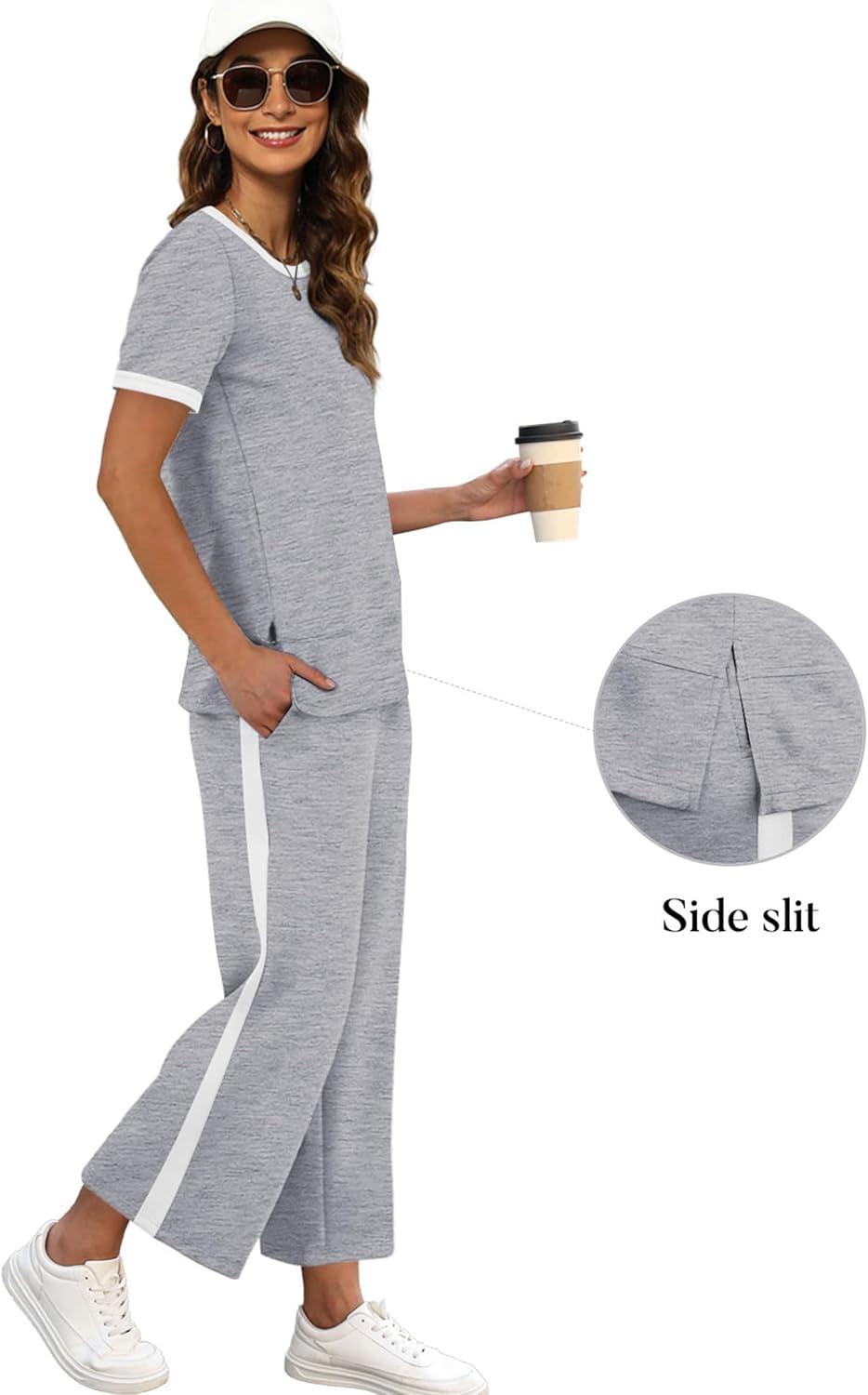 imageXIEERDUO Womens 2 Piece Lounge Set Fashion Travel Outfits Vacation Tracksuit Comfy Wide Leg Airport Loungewear S3XLStripe Grey