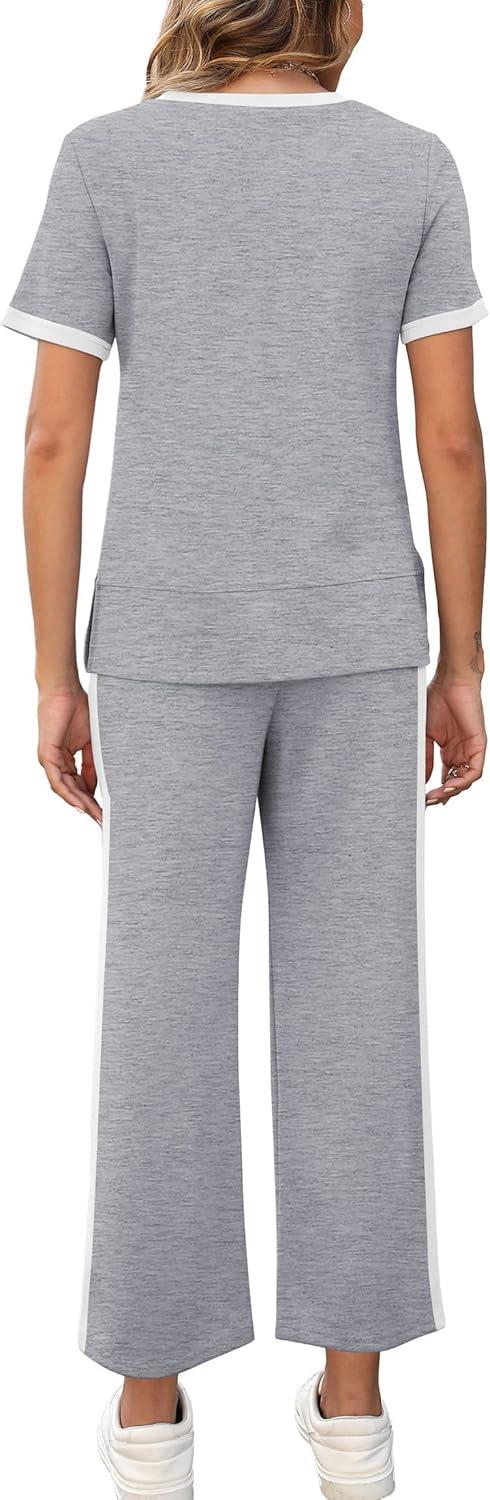 imageXIEERDUO Womens 2 Piece Lounge Set Fashion Travel Outfits Vacation Tracksuit Comfy Wide Leg Airport Loungewear S3XLStripe Grey