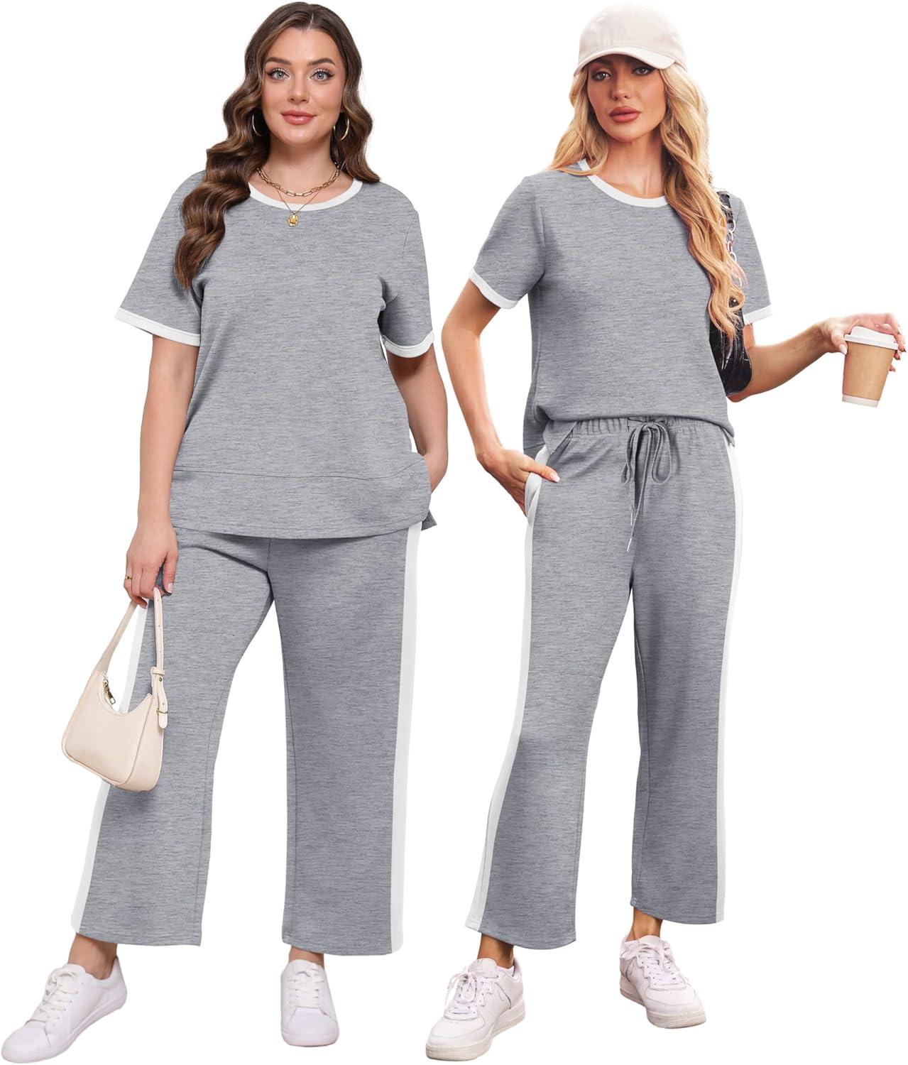 imageXIEERDUO Womens 2 Piece Lounge Set Fashion Travel Outfits Vacation Tracksuit Comfy Wide Leg Airport Loungewear S3XLStripe Grey