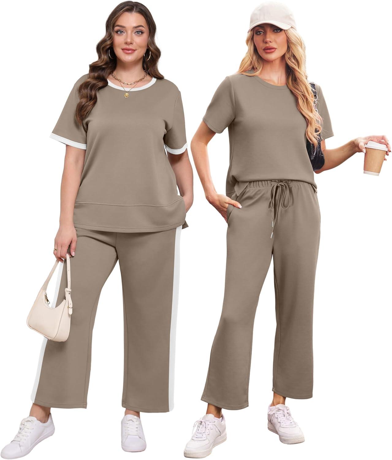 imageXIEERDUO Womens 2 Piece Lounge Set Fashion Travel Outfits Vacation Tracksuit Comfy Wide Leg Airport Loungewear S3XLStripe Khaki