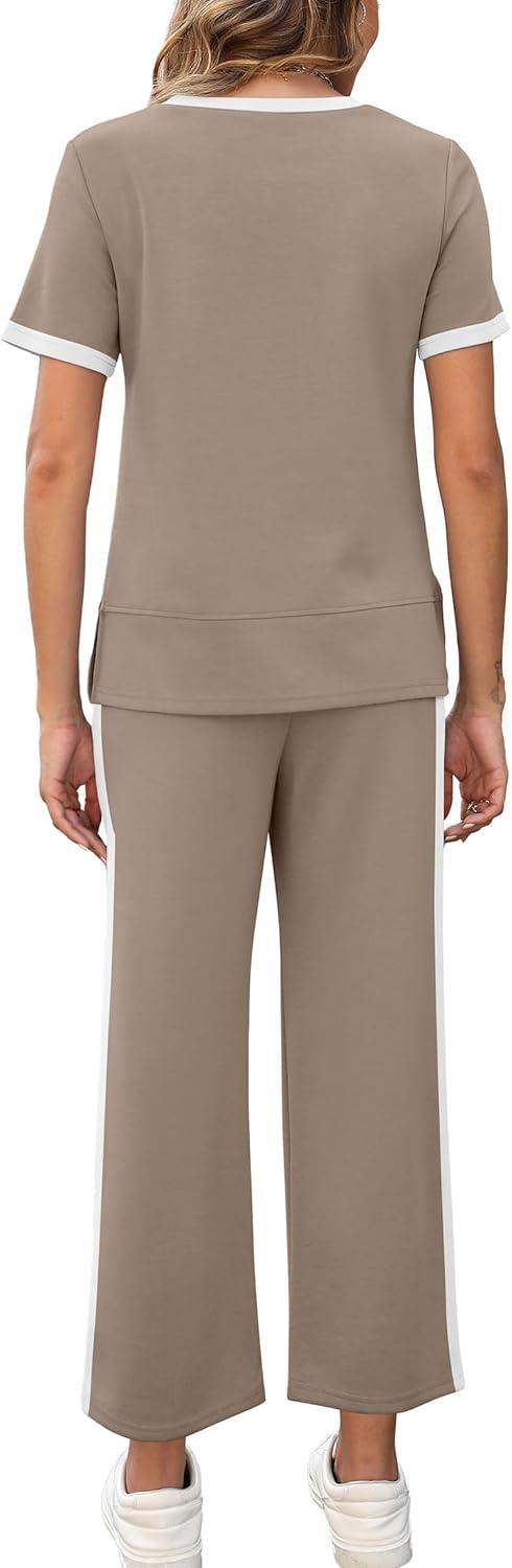imageXIEERDUO Womens 2 Piece Lounge Set Fashion Travel Outfits Vacation Tracksuit Comfy Wide Leg Airport Loungewear S3XLStripe Khaki