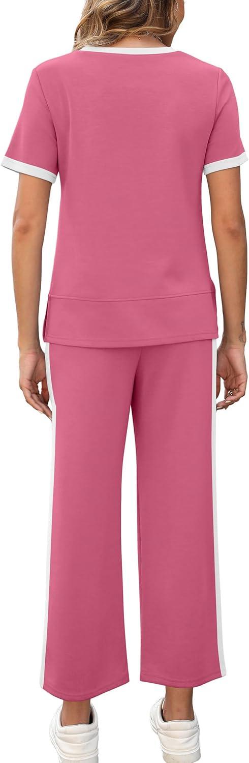 imageXIEERDUO Womens 2 Piece Lounge Set Fashion Travel Outfits Vacation Tracksuit Comfy Wide Leg Airport Loungewear S3XLStripe Pink