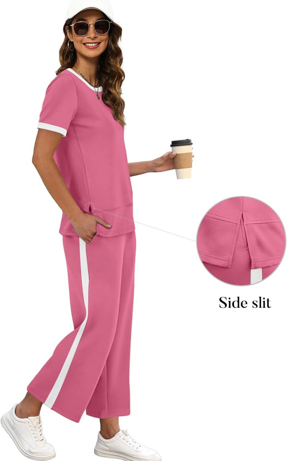 imageXIEERDUO Womens 2 Piece Lounge Set Fashion Travel Outfits Vacation Tracksuit Comfy Wide Leg Airport Loungewear S3XLStripe Pink