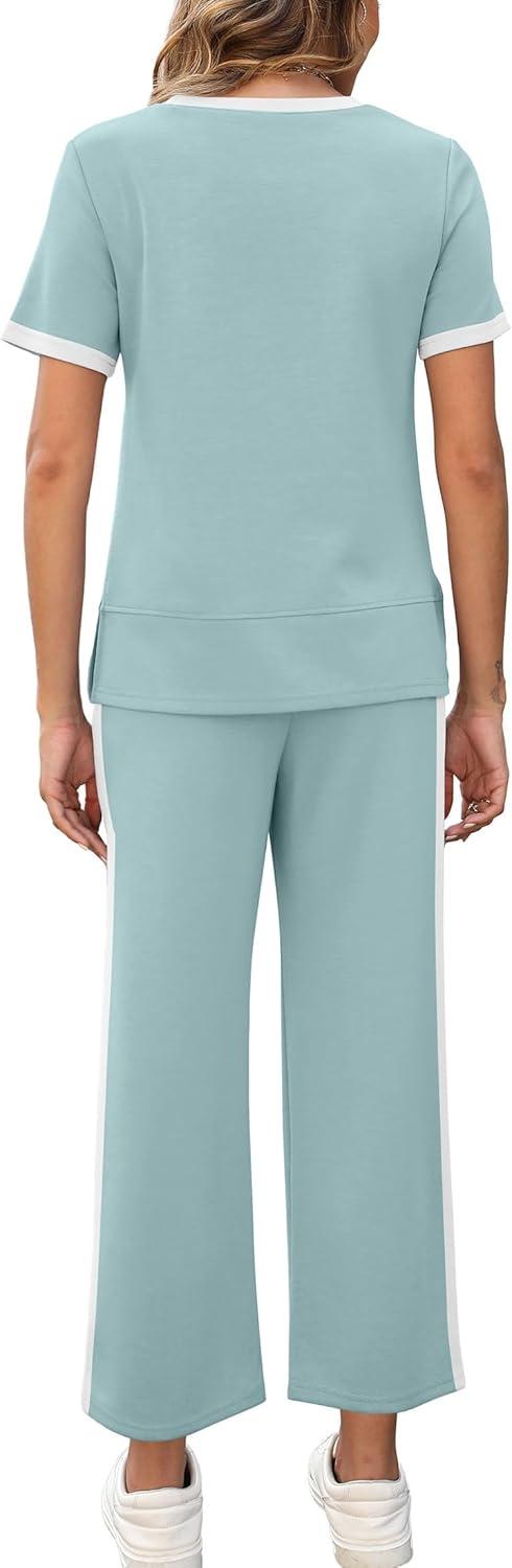 imageXIEERDUO Womens 2 Piece Lounge Set Fashion Travel Outfits Vacation Tracksuit Comfy Wide Leg Airport Loungewear S3XLStripe Turquoise