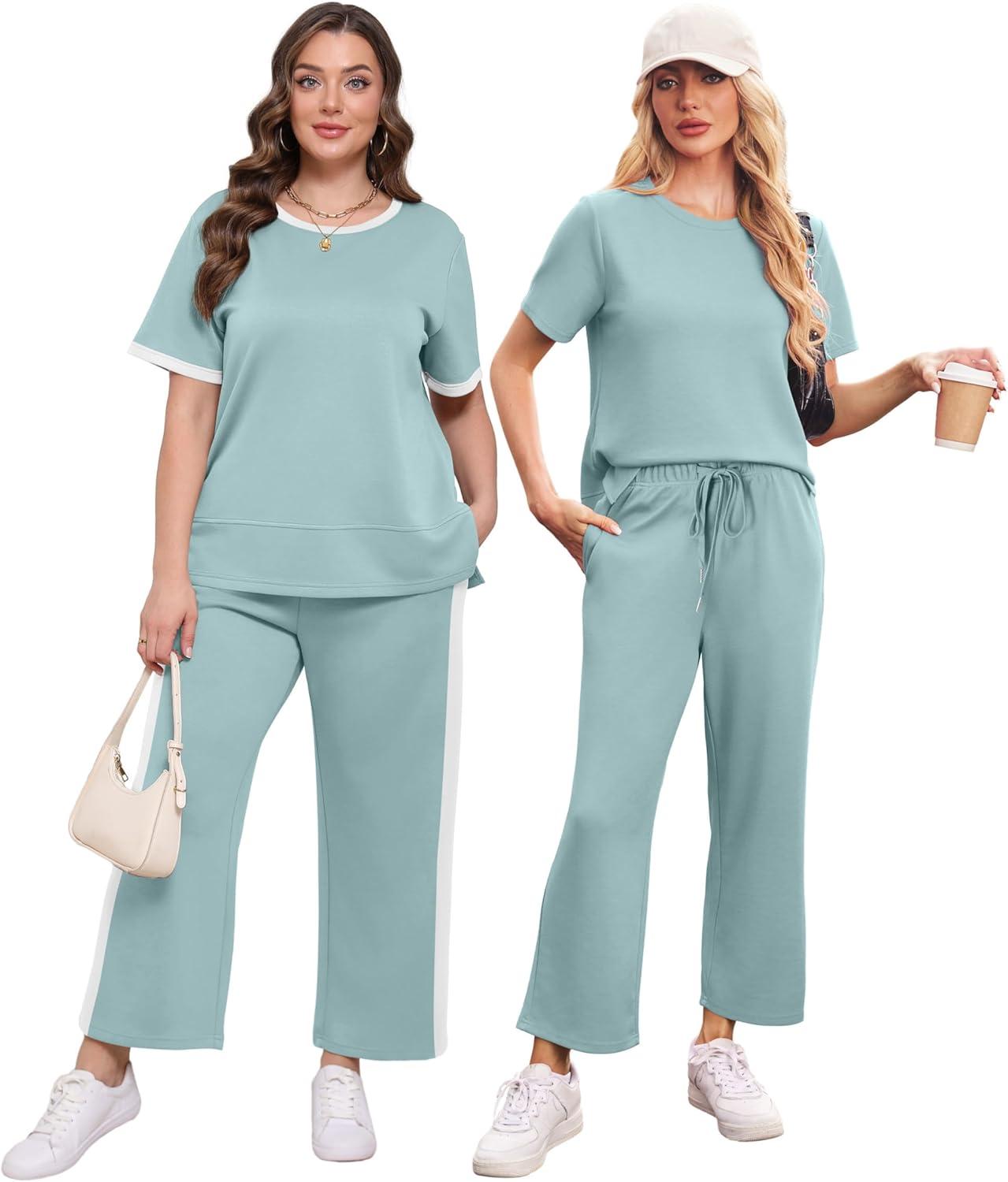 imageXIEERDUO Womens 2 Piece Lounge Set Fashion Travel Outfits Vacation Tracksuit Comfy Wide Leg Airport Loungewear S3XLStripe Turquoise