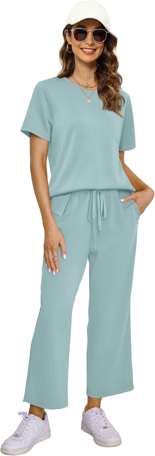imageXIEERDUO Womens 2 Piece Lounge Set Fashion Travel Outfits Vacation Tracksuit Comfy Wide Leg Airport Loungewear S3XLTurquoise