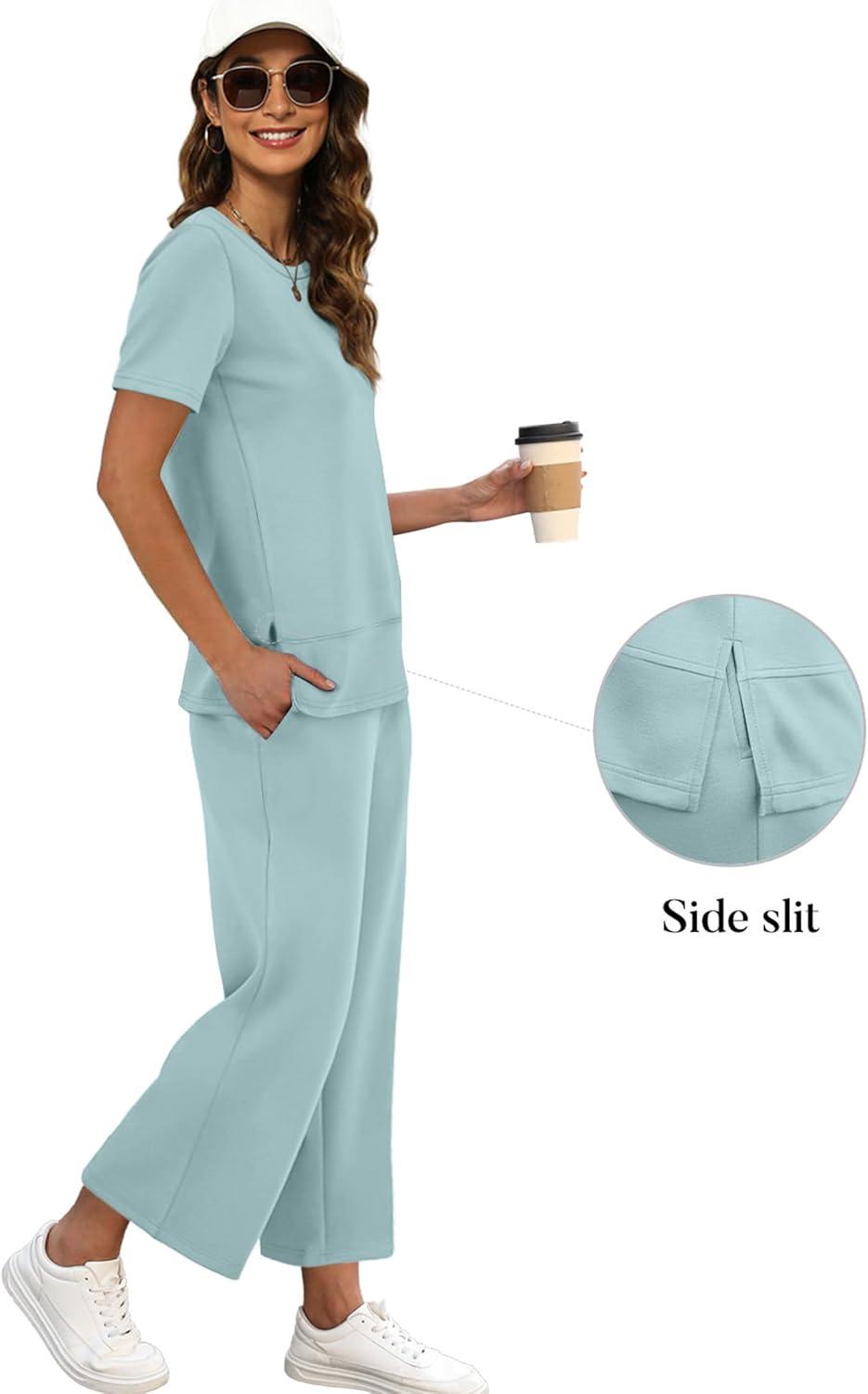 imageXIEERDUO Womens 2 Piece Lounge Set Fashion Travel Outfits Vacation Tracksuit Comfy Wide Leg Airport Loungewear S3XLTurquoise