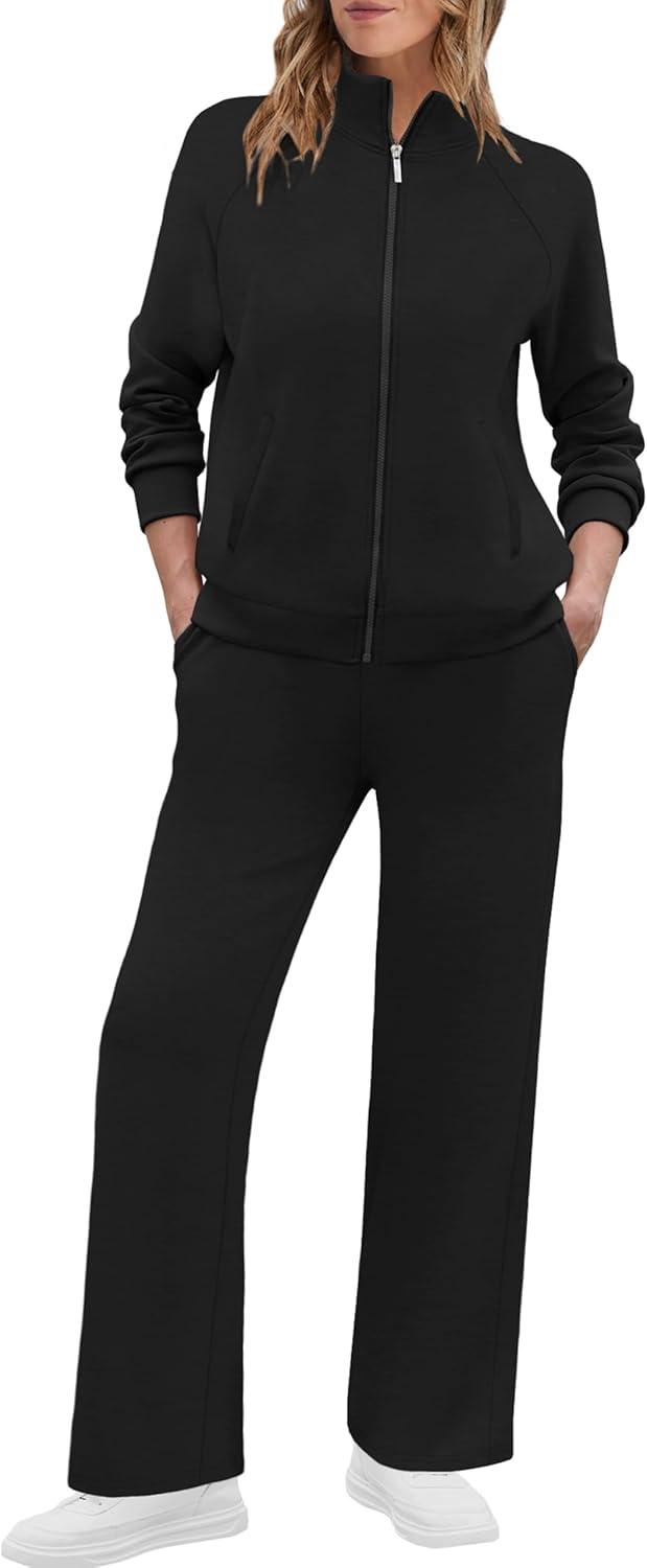 imageXIEERDUO Womens 2 Piece Lounge Sets Full Zip Up Sweatsuit Wide Leg Tracksuit Workout Outfits Fashion Airport WearA Black