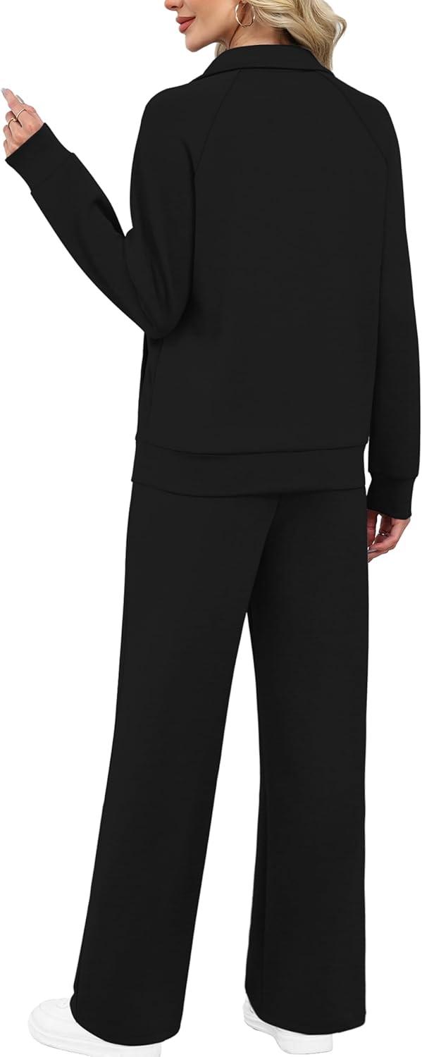 imageXIEERDUO Womens 2 Piece Lounge Sets Full Zip Up Sweatsuit Wide Leg Tracksuit Workout Outfits Fashion Airport WearA Black